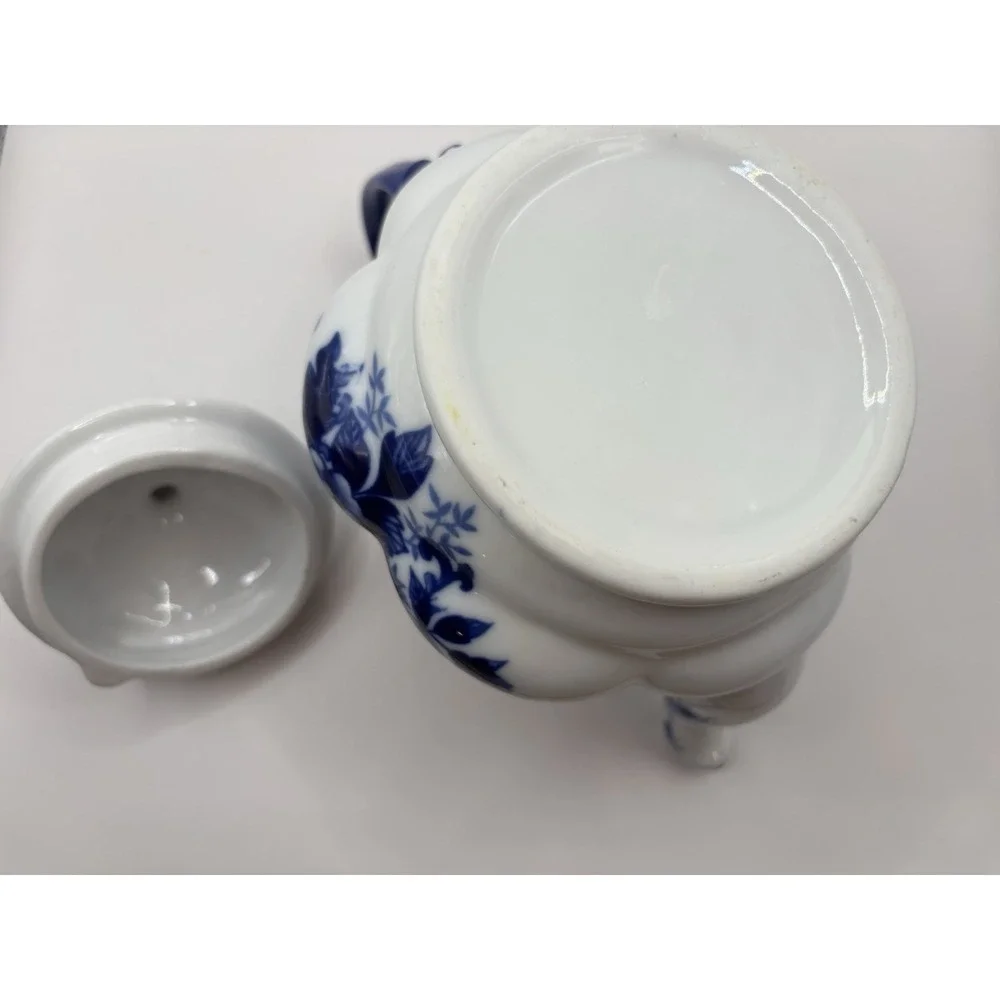 Tea Pot Scalloped Rim Flowered Porcelain, Cobalt Blue And White Cottage Granny